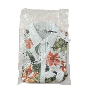 Chico's Women's Floral Orchid Eyelet Button Down Shirt - White, Orange, Green